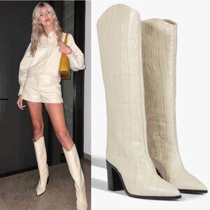 SCHUTZ Maryana Block Heel Tall Boots 10.5 Egg Shell Croco Embossed Leather NEW